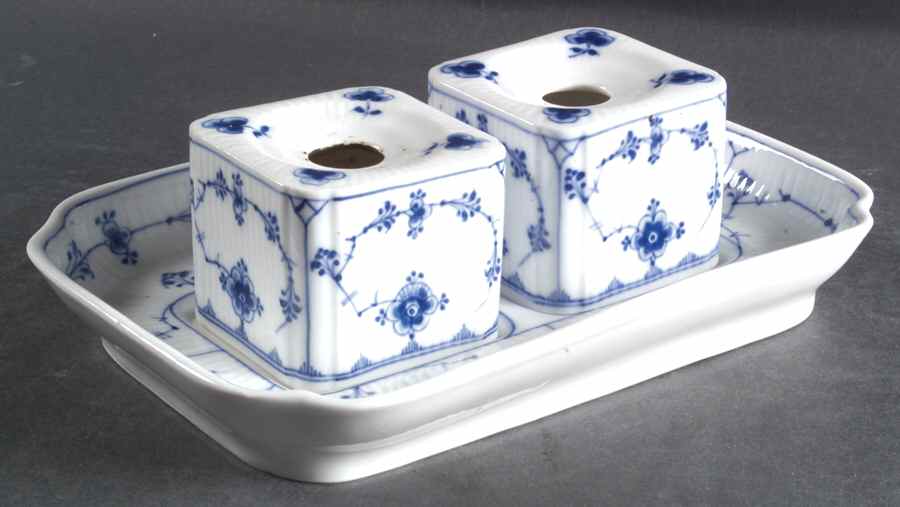 Blue Fluted Plain (No Trim) Double Ink Pot and Stand, No Lids by Royal Copenhagen-1