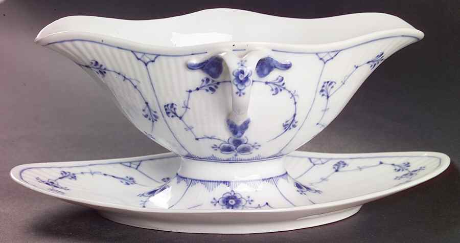 Blue Fluted Plain (No Trim) Gravy Boat with Attached Underplate by Royal Copenhagen-1
