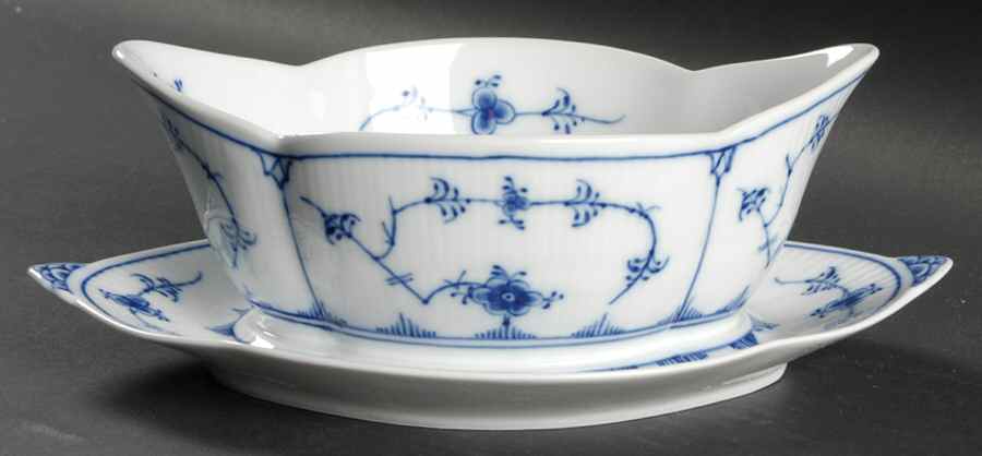 Blue Fluted Plain (No Trim) Gravy Boat with Attached Underplate by Royal Copenhagen-1