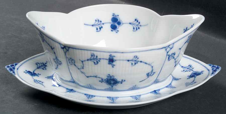 Blue Fluted Plain (No Trim) Gravy Boat with Attached Underplate by Royal Copenhagen-1