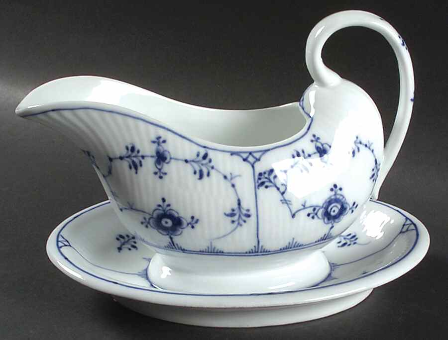 Blue Fluted Plain (No Trim) Gravy Boat with Attached Underplate by Royal Copenhagen-1