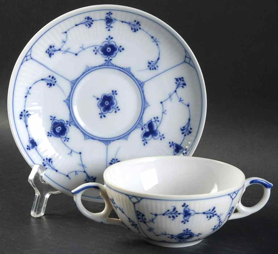 Blue Fluted Plain (No Trim) Flat Bouillon Cup & Saucer by Royal Copenhagen-1
