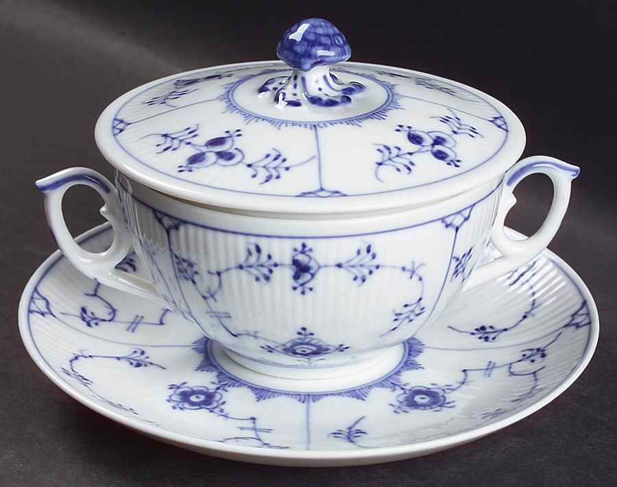 Blue Fluted Plain (No Trim) Cream Soup Bowl & Saucer Set with Lid by Royal Copenhagen-1