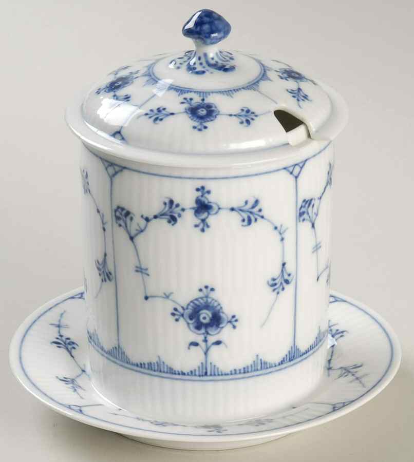 Blue Fluted Plain (No Trim) Preserve Holder & Lid w/Attached Underplate by Royal Copenhagen-1