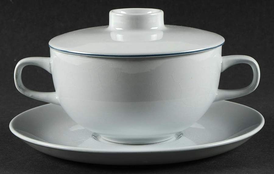 Blue Line Cream Soup Bowl & Saucer Set with Lid by Royal Copenhagen-1