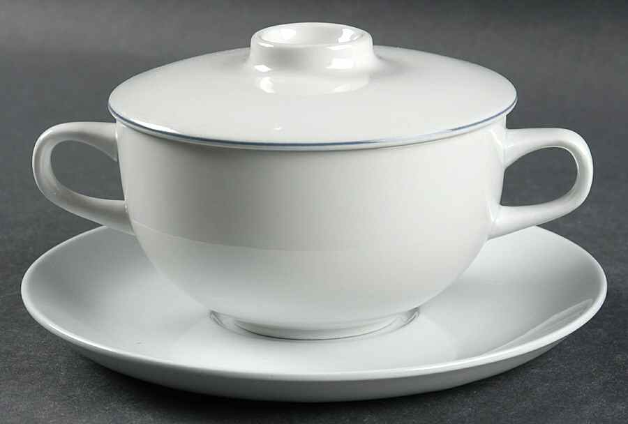 Blue Line Cream Soup Bowl & Saucer Set with Lid by Royal Copenhagen-1