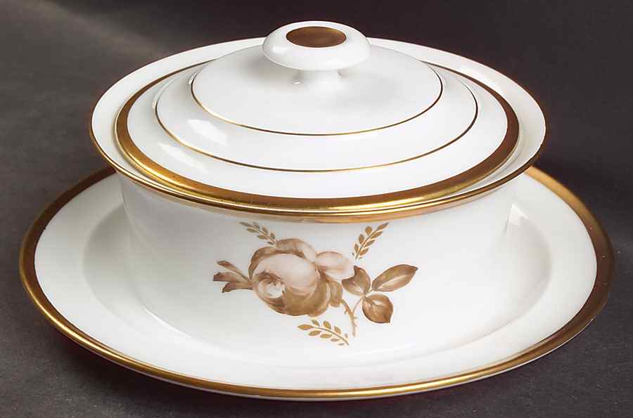 Brown Rose Round Covered Butter with Attached Underplate by Royal Copenhagen-1