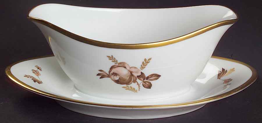 Brown Rose Gravy Boat with Attached Underplate by Royal Copenhagen-1