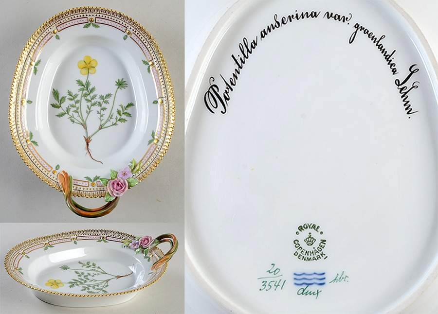 Flora Danica (1961 To Current) 9" Oval Handled Pickle/Accent-Potentilla anserina by Royal Copenhagen-1