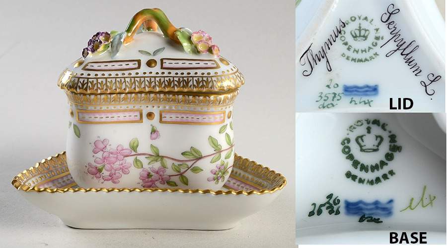 Flora Danica (1961 To Current) Triangular Custard Cup, Saucer & Lid-Thymus serpyl by Royal Copenhagen-1