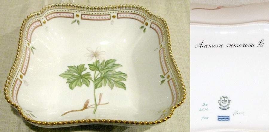 Flora Danica (1961 To Current) 8" Square Serving Bowl-Anemone nemorosa L by Royal Copenhagen-1