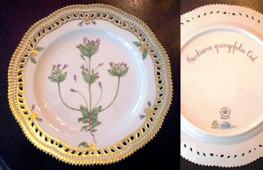 Flora Danica (1961 To Current) 9" Pierced Luncheon Plate/Fruit Std-Gentiana guing by Royal Copenhagen-1