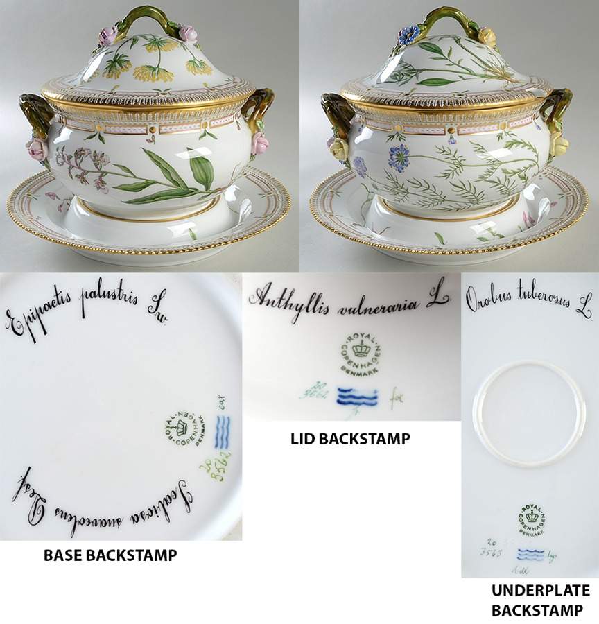 Flora Danica (1961 To Current) 3Qt Tureen & Lid w/Underplate-Epip Seab,Anth ,Orbu by Royal Copenhagen-1