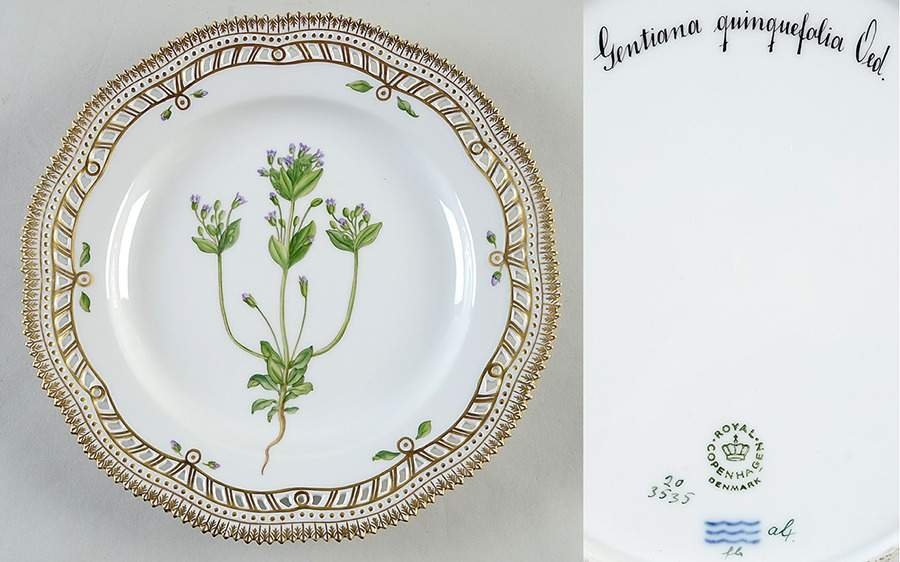 Flora Danica (1961 To Current) 10" Pierced Dinner Plate/Fruit Std-Gentiana quinqu by Royal Copenhagen-1