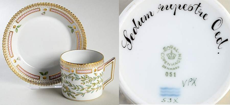 Flora Danica (1961 To Current) Chocolate Cup & Serrated Saucer-Sedum ruprestre Oe by Royal Copenhagen-1