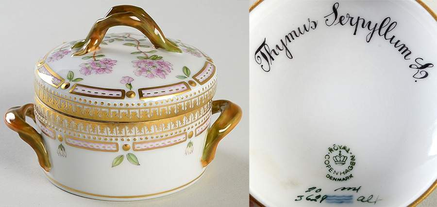 Flora Danica (1961 To Current) Small Sugar Bowl & Lid-Thymus serpyllum L. by Royal Copenhagen-1