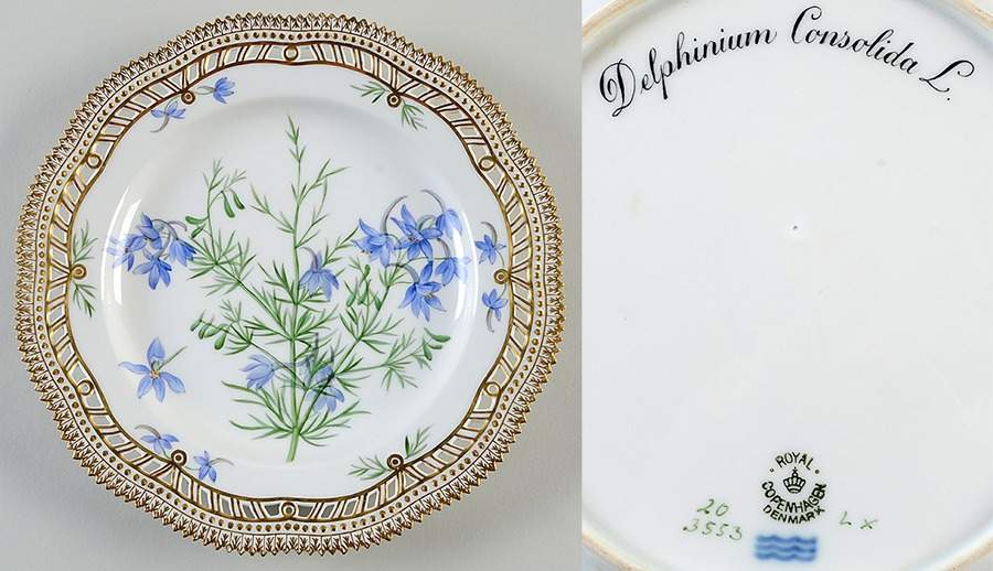 Flora Danica (1961 To Current) 10" Pierced Dinner Plate/Fruit Std-Delphinium Cons by Royal Copenhagen-1
