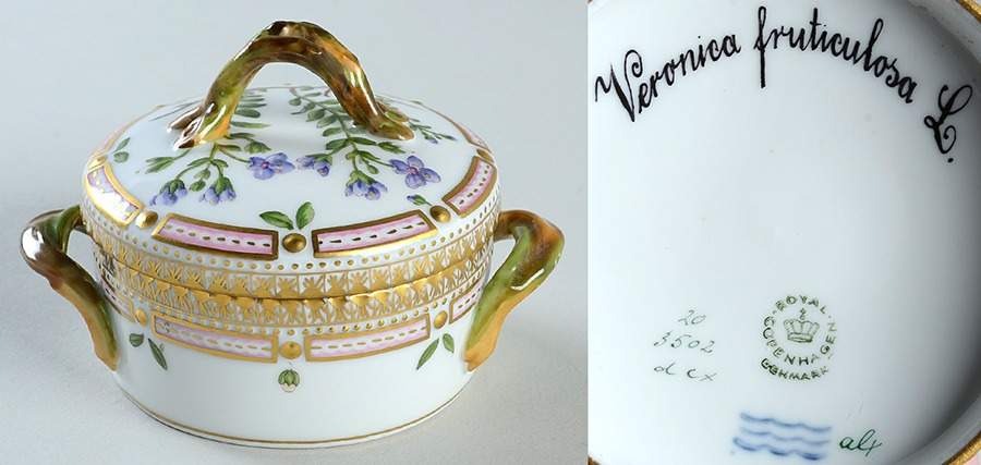 Flora Danica (1961 To Current) Small Sugar Bowl & Lid-Veronica fruticulosa L. by Royal Copenhagen-1