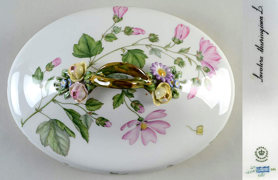 Flora Danica (1961 To Current) Lid for Oval Vegetable-Lavatera thuringiaca L. by Royal Copenhagen-1
