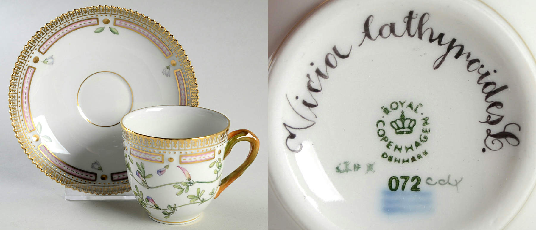 Flora Danica (1961 To Current) Flat Cup & Saucer Set-Vicia lathyroids L. by Royal Copenhagen-1