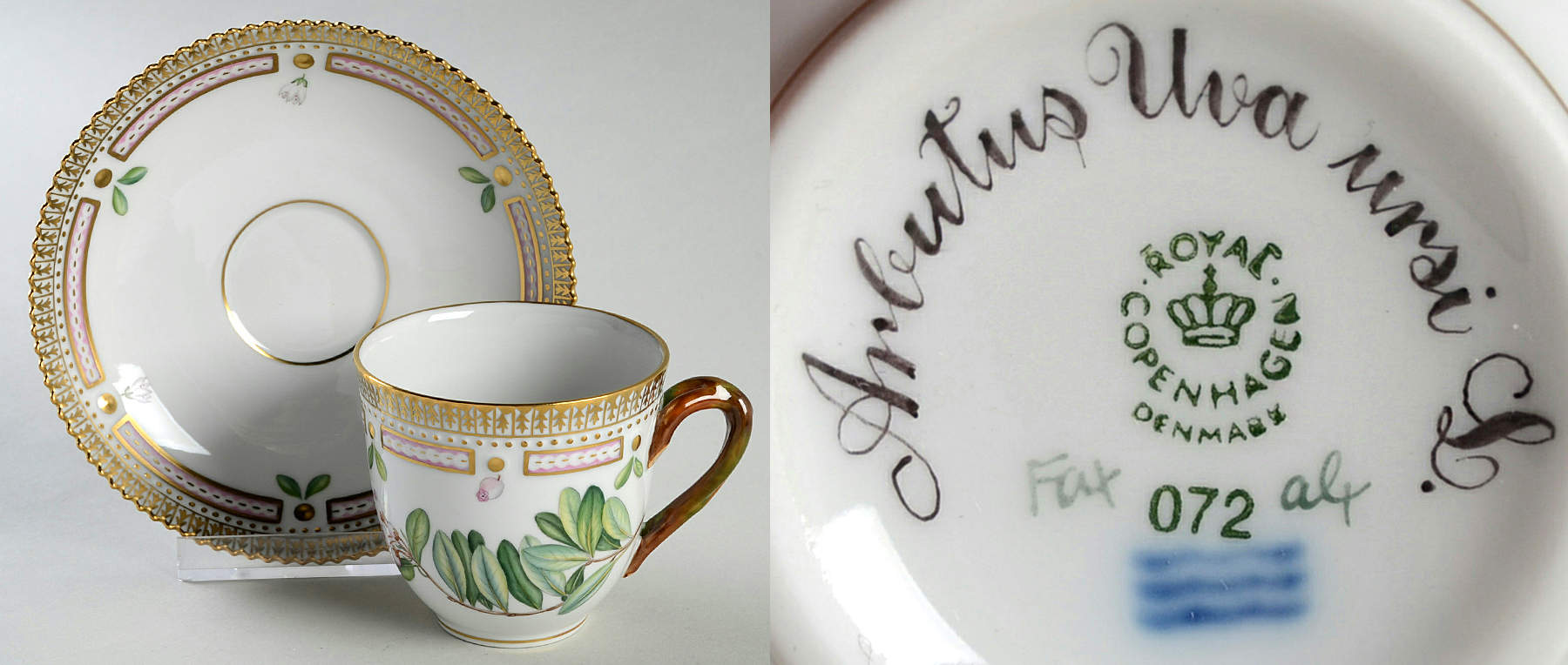 Flora Danica (1961 To Current) Flat Cup & Saucer Set-Arbutus Uva urs. L. by Royal Copenhagen-1