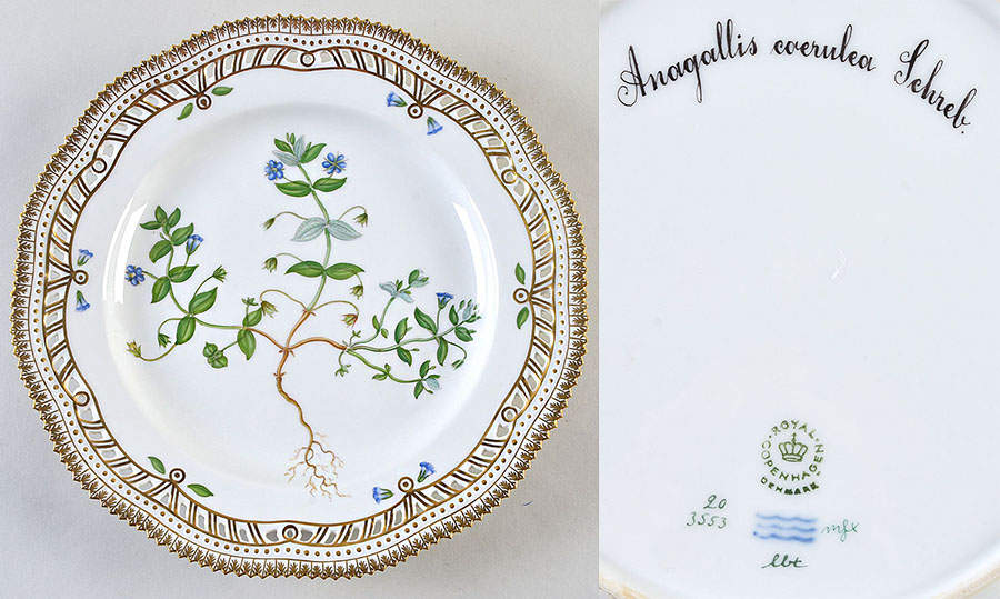 Flora Danica (1961 To Current) 10" Pierced Dinner Plate/Fruit Std-Anagallis everu by Royal Copenhagen-1