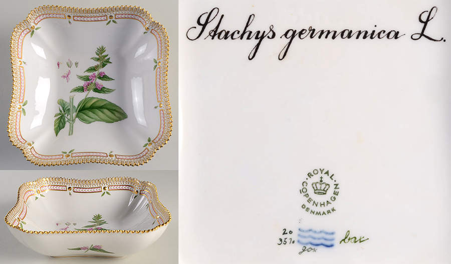 Flora Danica (1961 To Current) 8" Square Salad/Serving Bowl-Stachys germanica L by Royal Copenhagen-1