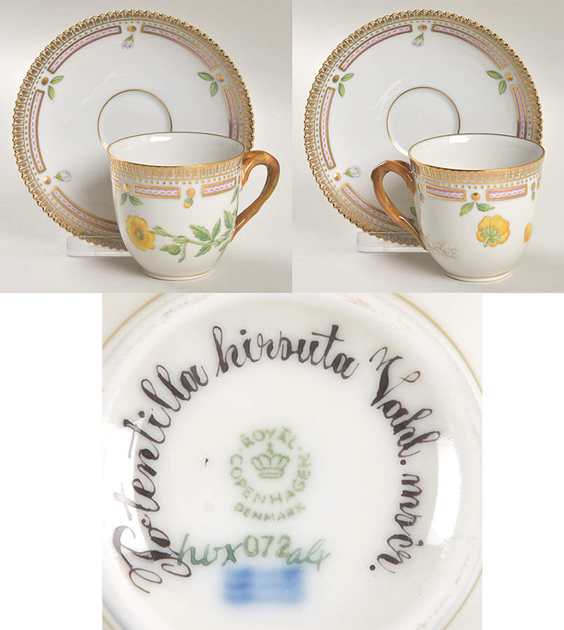 Flora Danica (1961 To Current) Flat Cup & Saucer Set-Potentilla hirsuta Vahl Maer by Royal Copenhagen-1
