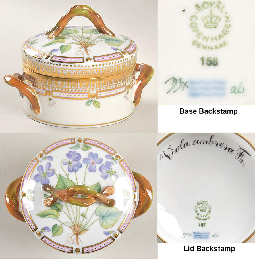 Flora Danica (1961 To Current) Small Sugar Bowl & Lid-Viola umbrosa Fr. by Royal Copenhagen-1