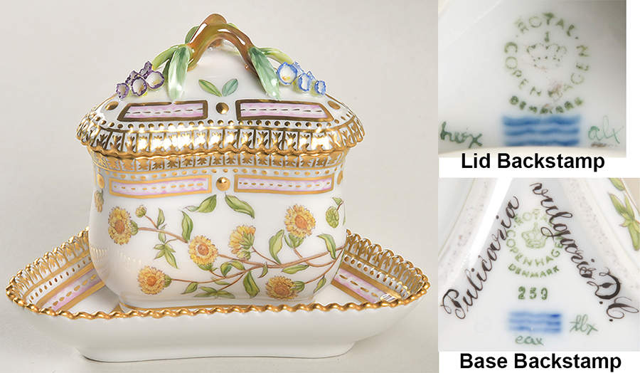 Flora Danica (1961 To Current) Triangular Custard Cup, Saucer & Lid-Pulicaria vul by Royal Copenhagen-1