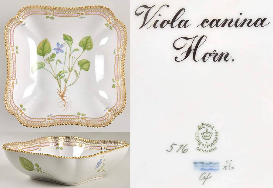 Flora Danica (1961 To Current) 8" Square Salad Serving Bowl-Viola canina Horn. by Royal Copenhagen-1