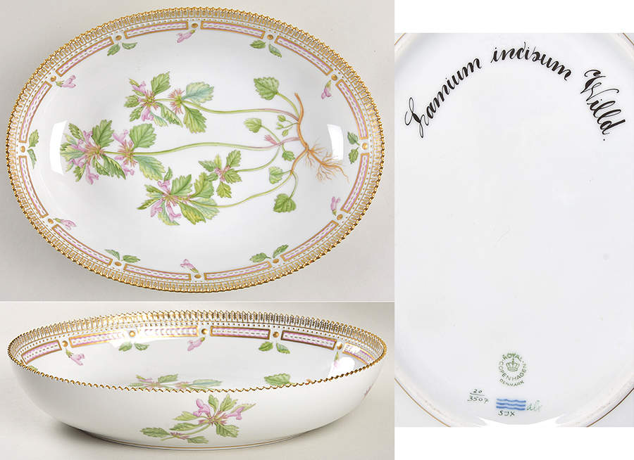 Flora Danica (1961 To Current) 10" Oval Salad Serving Bowl-Lamium incisum Willd by Royal Copenhagen-1
