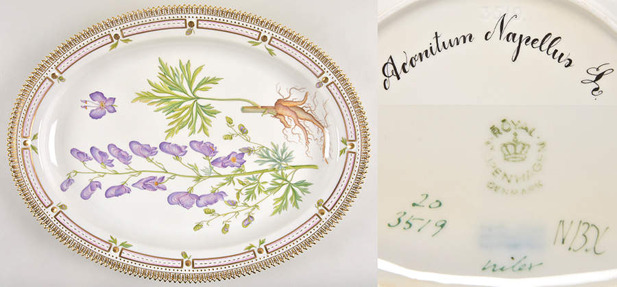 Flora Danica (1961 To Current) 17" Oval Serving Platter-Aconitum napellus L. by Royal Copenhagen-1