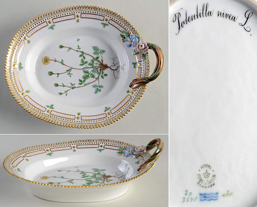 Flora Danica (1961 To Current) 9" Oval Handled Pickle/Accent-Potentilla nivea L. by Royal Copenhagen-1