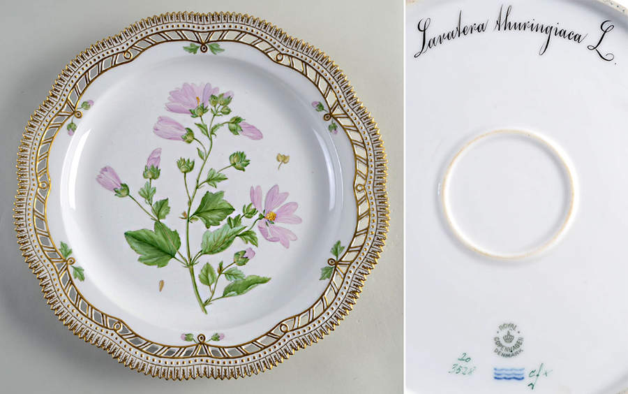 Flora Danica (1961 To Current) 13" Round Pierced Platter-Laratera ahuringiaca L. by Royal Copenhagen-1