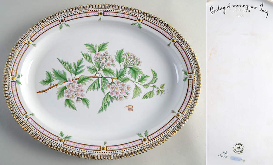 Flora Danica (1961 To Current) 15" Oval Serving Platter-Cratagus monegyna Facq by Royal Copenhagen-1