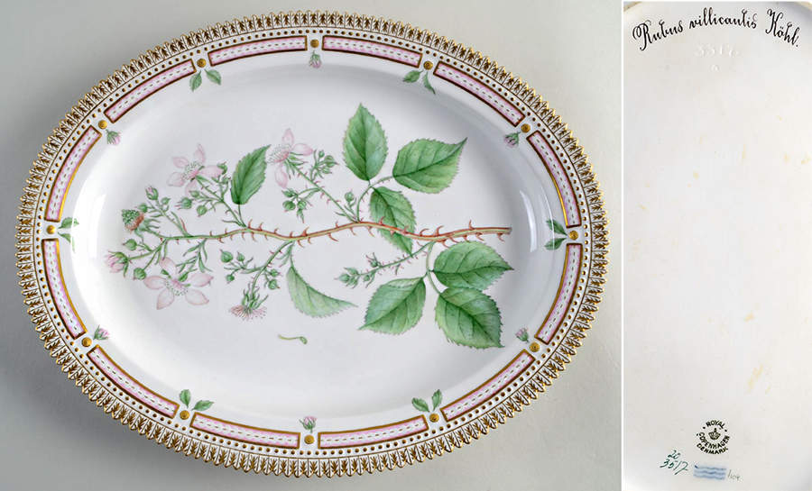 Flora Danica (1961 To Current) 14" Oval Serving Platter-Rubus villicaulis Hohl. by Royal Copenhagen-1