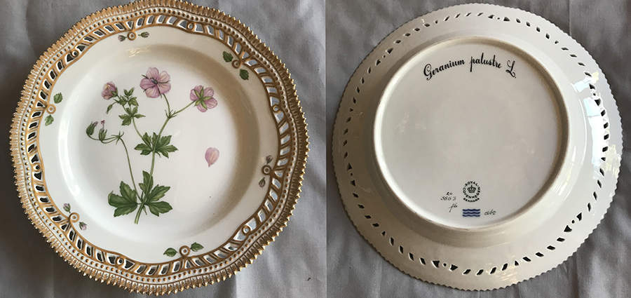 Flora Danica (1961 To Current) 10" Pierced Dinner Plate/Fruit Std-Geranium palust by Royal Copenhagen-1