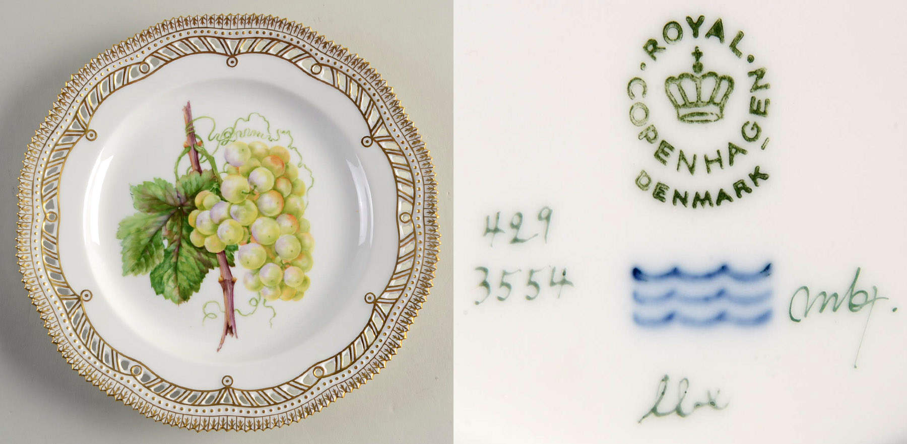 Flora Danica (1961 To Current) 9" Pierced Luncheon Plate/Fruit Stand-White Grapes by Royal Copenhagen-1