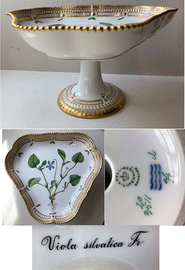 Flora Danica (1961 To Current) Triangular High Foot Cake Plate-Viola silvatica Fr by Royal Copenhagen-1