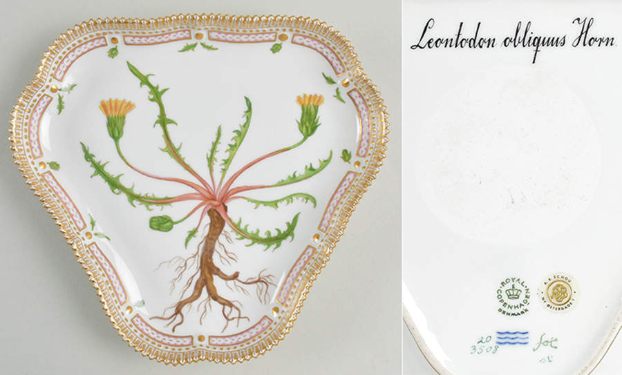 Flora Danica (1961 To Current) 9" Trangular Cake Plate-Leontodon obliquus Horn by Royal Copenhagen-1