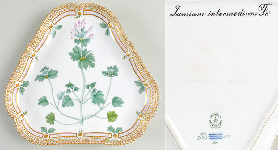 Flora Danica (1961 To Current) 9" Triangular Cake Plate-Lamium intermedium Fr by Royal Copenhagen-1
