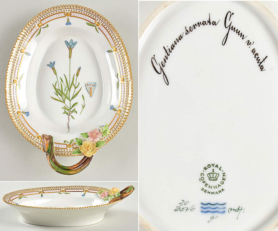 Flora Danica (1961 To Current) 8" Oval Handled Pickle/Accent-Gentiana sarrata by Royal Copenhagen-1