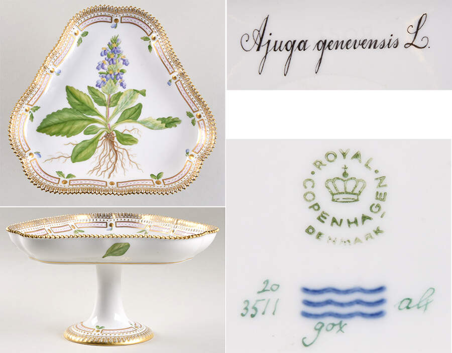 Flora Danica (1961 To Current) Triangular High Foot Cake Plate-Ajuga genevensis L by Royal Copenhagen-1