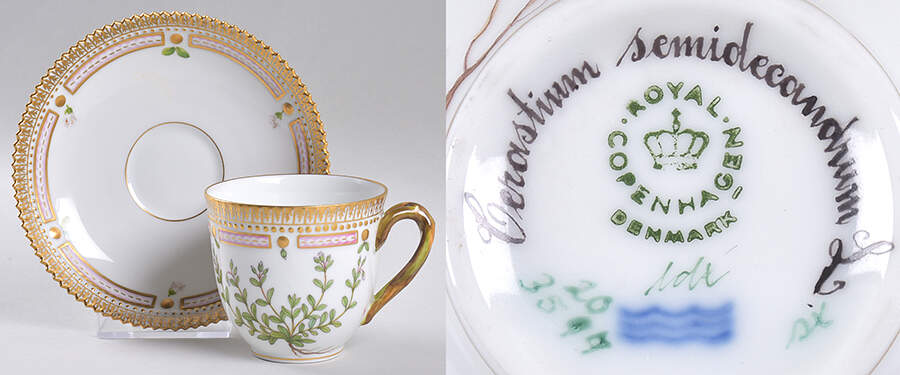 Flora Danica (1961 To Current) Flat Cup & Saucer Set-Cerastium semidecandrum L. by Royal Copenhagen-1