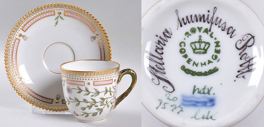 Flora Danica (1961 To Current) Flat Cup & Saucer Set-Stellaria humifusa Roltb. by Royal Copenhagen-1