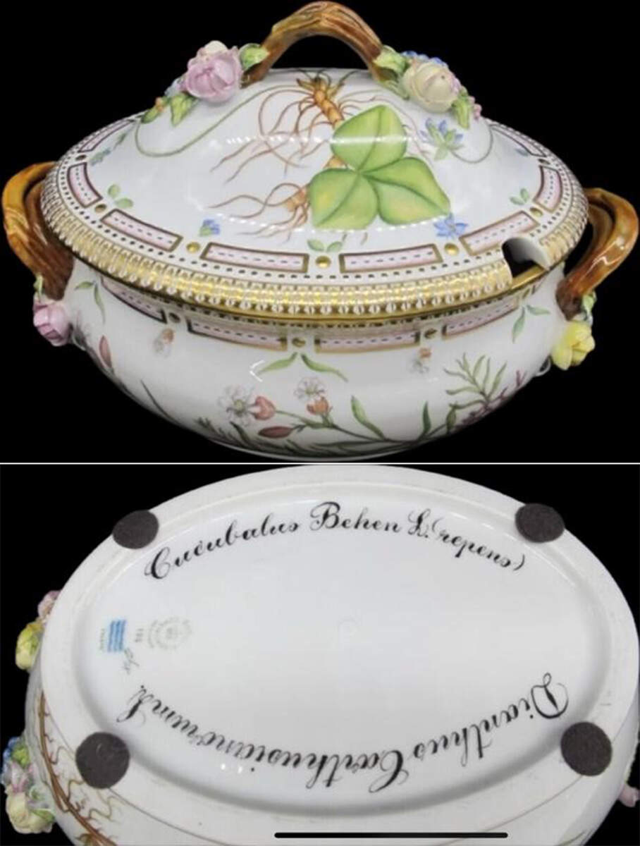 Flora Danica (1961 To Current) 3Qt Oval Tureen & Lid-Cucubalus B, Dianthus Carth,Anemone Kepatica by Royal Copenhagen-1