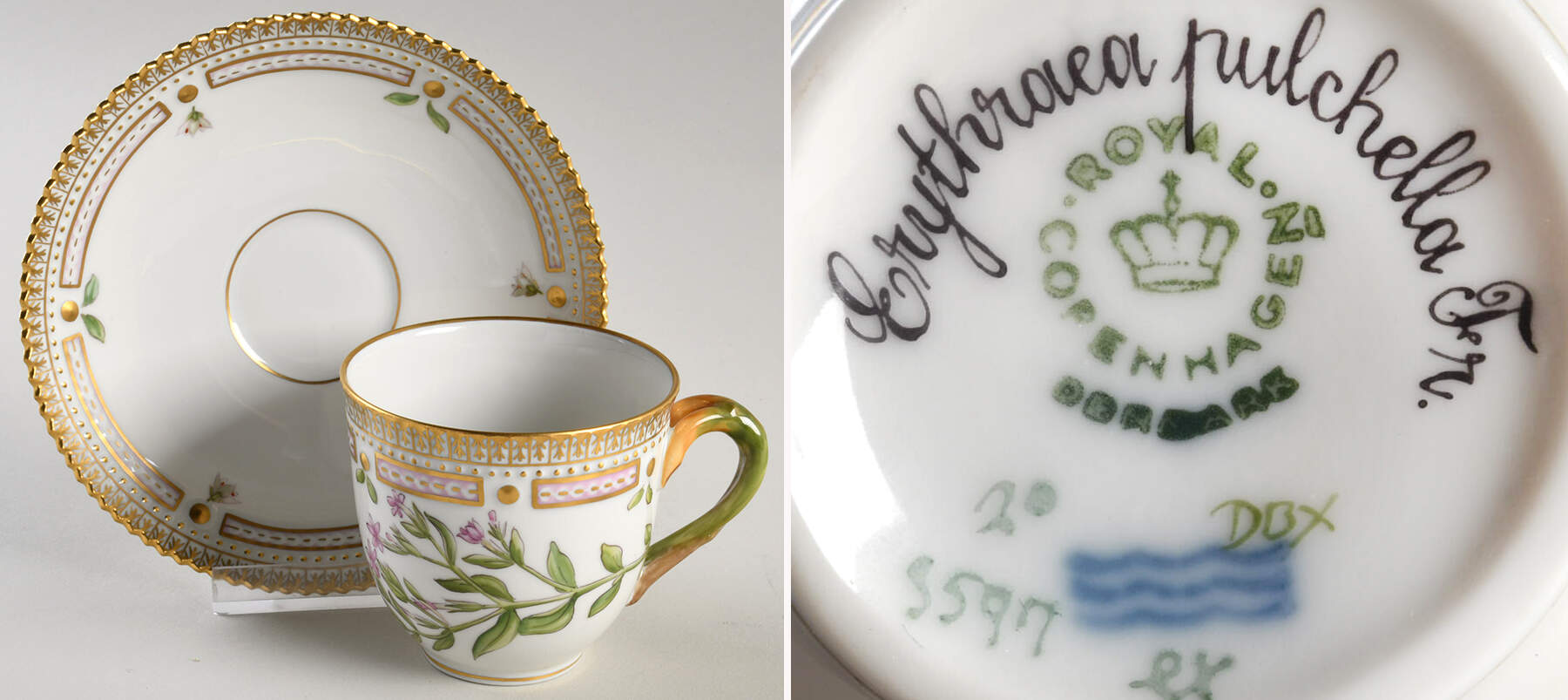 Flora Danica (1961 To Current) Flat Cup & Saucer Set-Erythraea pulchella Fr by Royal Copenhagen-1