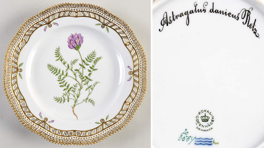 Flora Danica (1961 To Current) 9" Pierced Luncheon Plate/Fruit Std-Astragalus danicus Retz. by Royal Copenhagen-1