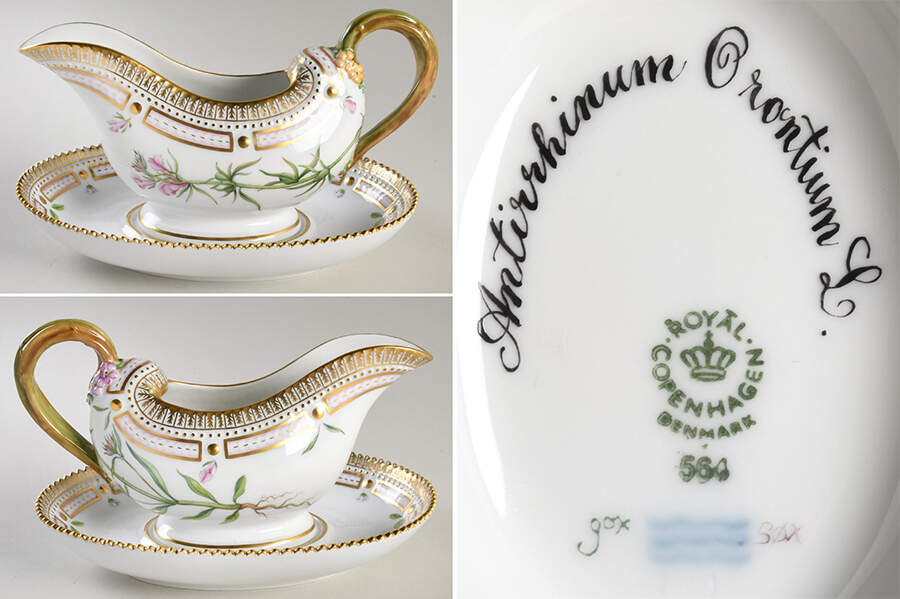 Flora Danica (1961 To Current) Sauce Boat & Underplate-Antirrhinum Orontium L. by Royal Copenhagen-1